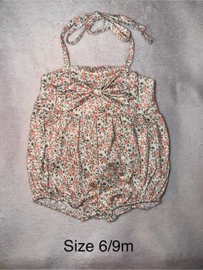 Floral Halter Baby Bubble Romper in Cream with Coral & Green